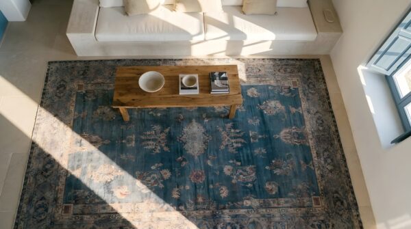 Decorative light neutral color antique persian room size kerman rug 2 Decorative light neutral color antique persian room size kerman rug (sku 24738) - styled overhead view