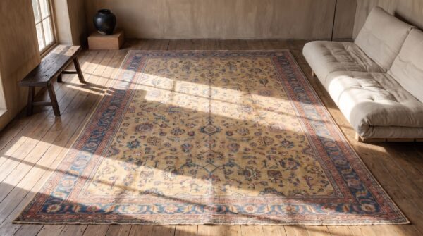 Decorative light yellow color antique allover design persian sultanabad oversized rug (sku 21534) - styled overhead view