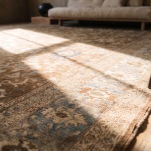 Decorative Neutral Brown Earthy Color Tribal Antique Oversized Persian Sultanabad Carpet (SKU 21792) - in-room detail