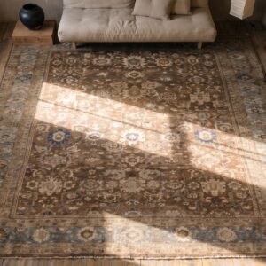 Decorative Neutral Brown Earthy Color Tribal Antique Oversized Persian Sultanabad Carpet (SKU 21792) - styled overhead view