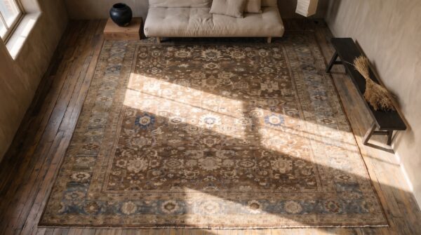 Decorative neutral brown earthy color tribal antique oversized persian sultanabad carpet 2 Decorative neutral brown earthy color tribal antique oversized persian sultanabad carpet (sku 21792) - styled overhead view