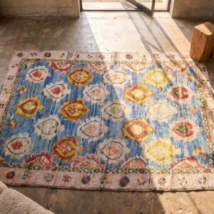 Decorative Sky Blue Color Antique Tribal Allover Design Cotton Area Rug (SKU 21360) - styled overhead view