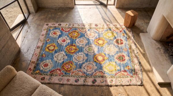 Decorative sky blue color antique tribal allover design cotton area rug 2 Decorative sky blue color antique tribal allover design cotton area rug (sku 21360) - styled overhead view