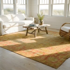 Decorative Soft Light Washed Out Yellow Antique Turkish Room Size Oushak Rug (SKU 24798) - room view