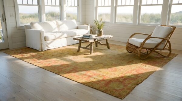 Decorative soft light washed out yellow antique turkish room size oushak rug 7 Decorative soft light washed out yellow antique turkish room size oushak rug (sku 24798) - room view