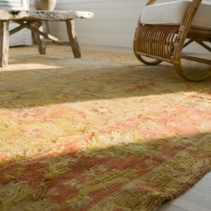Decorative Soft Light Washed Out Yellow Antique Turkish Room Size Oushak Rug (SKU 24798) - in-room detail