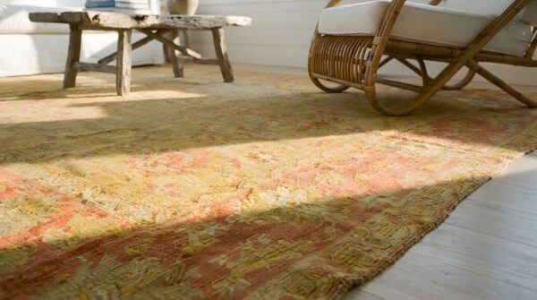 Decorative soft light washed out yellow antique turkish room size oushak rug 8 Decorative soft light washed out yellow antique turkish room size oushak rug (sku 24798) - in-room detail