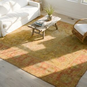 Decorative Soft Light Washed Out Yellow Antique Turkish Room Size Oushak Rug (SKU 24798) - styled overhead view
