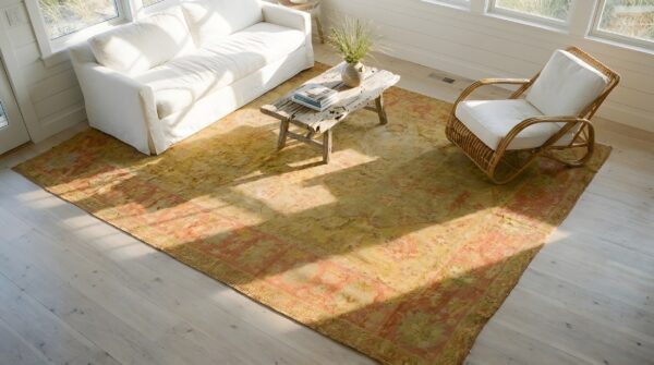 Decorative soft light washed out yellow antique turkish room size oushak rug 2 Decorative soft light washed out yellow antique turkish room size oushak rug (sku 24798) - styled overhead view