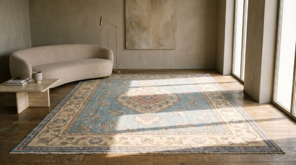 Decorative antique turkish oushak square room size carpet 10 Decorative antique turkish oushak square room size carpet (sku 17983) - room view