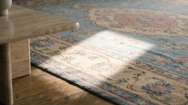 Decorative antique turkish oushak square room size carpet 11 Decorative antique turkish oushak square room size carpet (sku 17983) - in-room detail