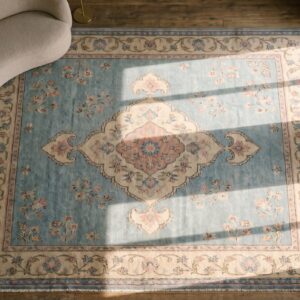 Decorative Antique Turkish Oushak Square Room Size Carpet (SKU 17983) - styled overhead view