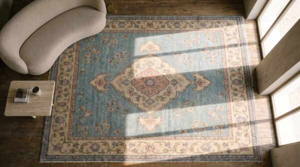 Decorative antique turkish oushak square room size carpet 2 Decorative antique turkish oushak square room size carpet (sku 17983) - styled overhead view