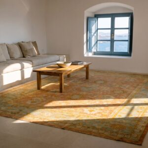 Decorative Warm Light Coral Color Antique Large Scale Turkish Oushak Room Size Rug (SKU 23370) - room view