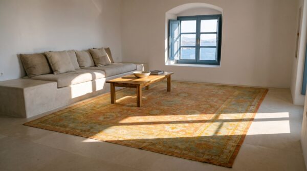 Decorative warm light coral color antique large scale turkish oushak room size rug 7 Decorative warm light coral color antique large scale turkish oushak room size rug (sku 23370) - room view