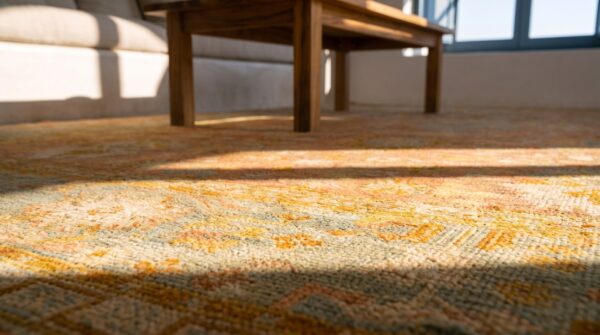 Decorative warm light coral color antique large scale turkish oushak room size rug 8 Decorative warm light coral color antique large scale turkish oushak room size rug (sku 23370) - in-room detail