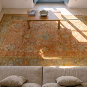 Decorative Warm Light Coral Color Antique Large Scale Turkish Oushak Room Size Rug (SKU 23370) - styled overhead view