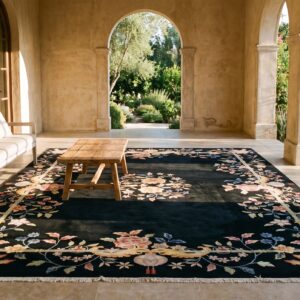 Deep Midnight Blue Almost Black Color Antique Art Deco Chinese Rug (SKU 24130) - room view