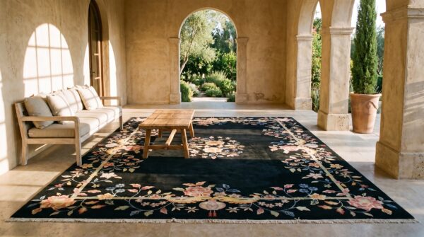 Deep midnight blue almost black color antique art deco chinese rug 7 Deep midnight blue almost black color antique art deco chinese rug (sku 24130) - room view