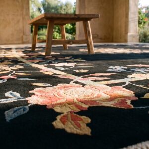 Deep Midnight Blue Almost Black Color Antique Art Deco Chinese Rug (SKU 24130) - in-room detail