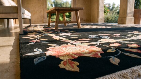 Deep midnight blue almost black color antique art deco chinese rug 8 Deep midnight blue almost black color antique art deco chinese rug (sku 24130) - in-room detail