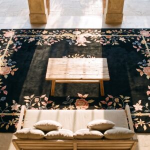 Deep Midnight Blue Almost Black Color Antique Art Deco Chinese Rug (SKU 24130) - styled overhead view