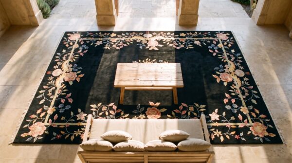 Deep midnight blue almost black color antique art deco chinese rug 2 Deep midnight blue almost black color antique art deco chinese rug (sku 24130) - styled overhead view