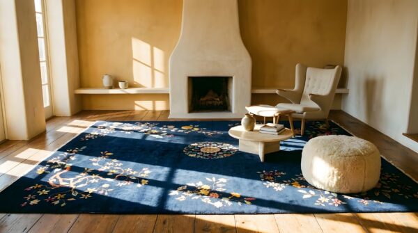 Antique deep navy blue color floral chinese art deco rug 8 Antique deep navy blue color floral chinese art deco rug (sku 25204) - room view
