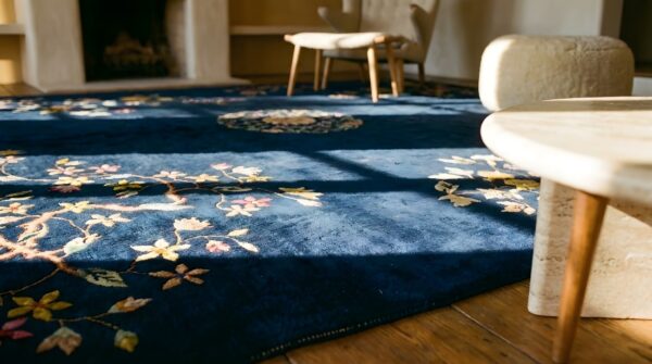 Antique deep navy blue color floral chinese art deco rug 9 Antique deep navy blue color floral chinese art deco rug (sku 25204) - in-room detail