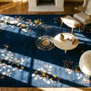 Antique Deep Navy Blue Color Floral Chinese Art Deco Rug (SKU 25204) - styled overhead view