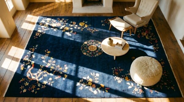 Antique deep navy blue color floral chinese art deco rug 2 Antique deep navy blue color floral chinese art deco rug (sku 25204) - styled overhead view