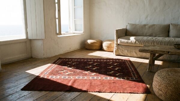 Antique deep red field late 19th century turkmen repeating tribal geometric guls tekke rug (sku 18349) - room view