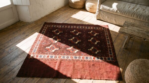 Antique deep red field late 19th century turkmen repeating tribal geometric guls tekke rug (sku 18349) - styled overhead view