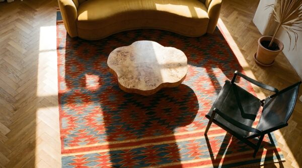 Antique dhurrie hallway runner cotton blue rug 2 Antique dhurrie hallway runner cotton blue rug (sku 24982) - styled overhead view