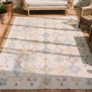 Antique Dhurrie Hallway Runner Cotton Ivory Rug (SKU 22079) - styled overhead view