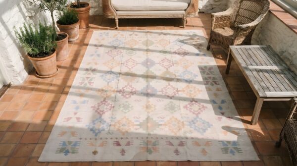 Antique dhurrie hallway runner cotton ivory rug 2 Antique dhurrie hallway runner cotton ivory rug (sku 22079) - styled overhead view