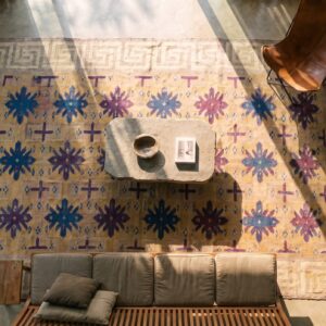 Antique Dhurrie Small Scatter Size Cotton Brown Rug (SKU 21753) - styled overhead view