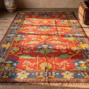 Antique Donegal - Arts & Crafts Oversized Room Size Wool Red Rug (SKU 21192) - styled overhead view