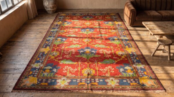 Antique donegal - arts & crafts oversized room size wool red rug 2 Antique donegal - arts & crafts oversized room size wool red rug (sku 21192) - styled overhead view