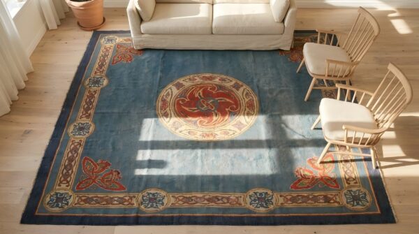 Antique donegal arts & crafts square wool blue rug 2 Antique donegal arts & crafts square wool blue rug (sku 25658) - styled overhead view