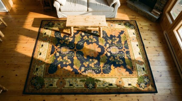 Antique donegal - arts & crafts ireland floral, medallion knotted rug (sku 24126) - styled overhead view