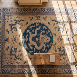 Antique Dragon Cloud band Chinese Peking Small Scatter Size Wool Rug (SKU 21913) - styled overhead view