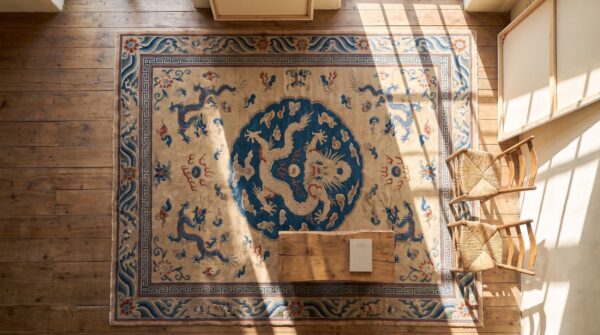Antique dragon cloud band chinese peking small scatter size wool rug 2 Antique dragon cloud band chinese peking small scatter size wool rug (sku 21913) - styled overhead view