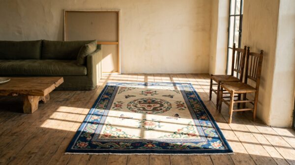 Antique dragon design ivory chinese horse saddle cover wool rug 6 Antique dragon design ivory chinese horse saddle cover wool rug (sku 22491) - room view