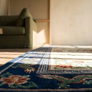 Antique Dragon Design Ivory Chinese Horse Saddle Cover Wool Rug (SKU 22491) - in-room detail