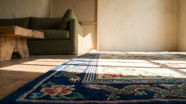 Antique dragon design ivory chinese horse saddle cover wool rug 7 Antique dragon design ivory chinese horse saddle cover wool rug (sku 22491) - in-room detail