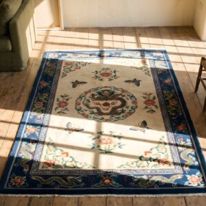 Antique Dragon Design Ivory Chinese Horse Saddle Cover Wool Rug (SKU 22491) - styled overhead view
