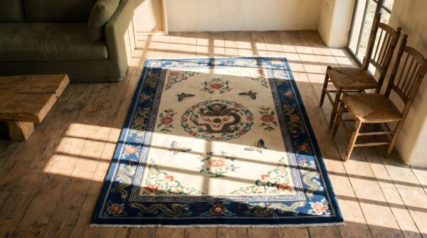 Antique dragon design ivory chinese horse saddle cover wool rug 2 Antique dragon design ivory chinese horse saddle cover wool rug (sku 22491) - styled overhead view