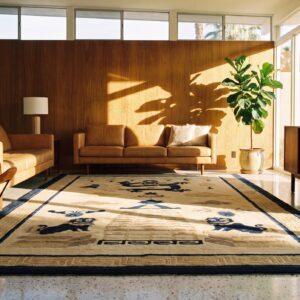 Dragon and Foo Dog Chinese Lion Antique Peking Small Scatter Size Wool Blue Ivory Rug (SKU 24523) - room view