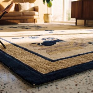 Dragon and Foo Dog Chinese Lion Antique Peking Small Scatter Size Wool Blue Ivory Rug (SKU 24523) - in-room detail